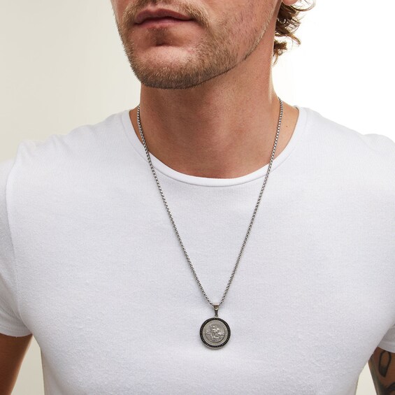 1/4 CT. T.w. Black Diamond Frame Saint Christopher Protect Us Medal Pendant in Stainless Steel - 24"