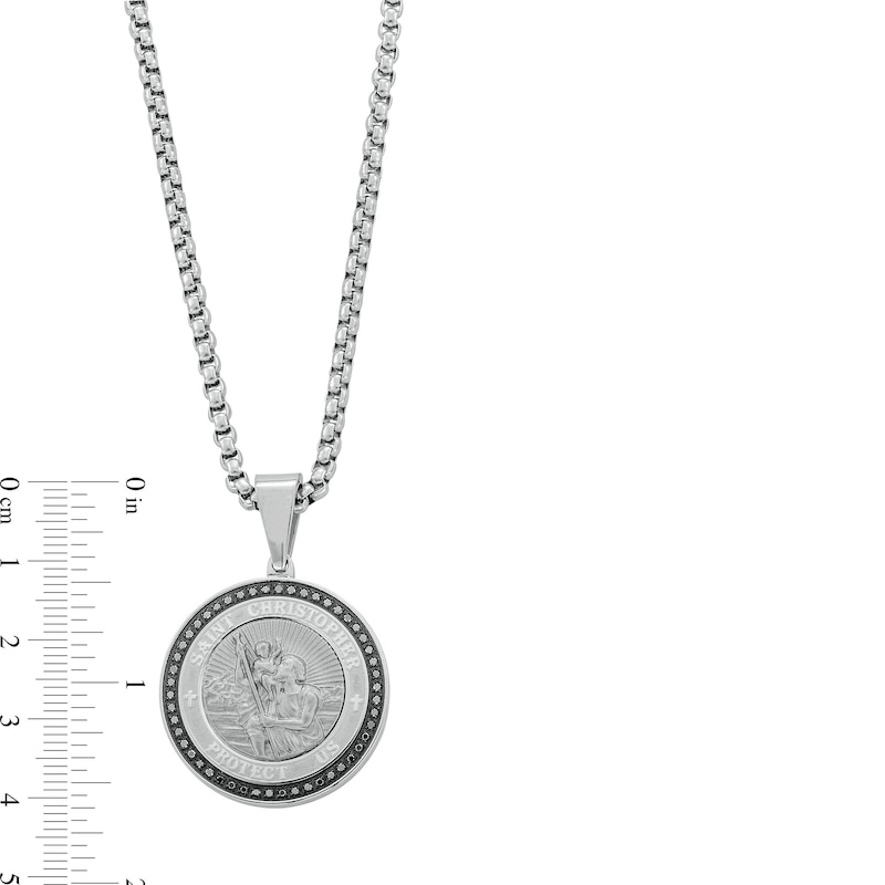 Main Image 3 of 1/4 CT. T.W. Black Diamond Frame Saint Christopher Protect Us Medal Pendant in Stainless Steel - 24"