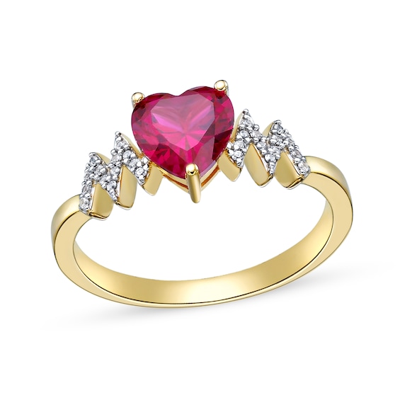 7.0mm Heart-Shaped Lab-Created Ruby and White Lab-Created Sapphire Zig-Zag Ring in Sterling Silver with 18K Gold Plate