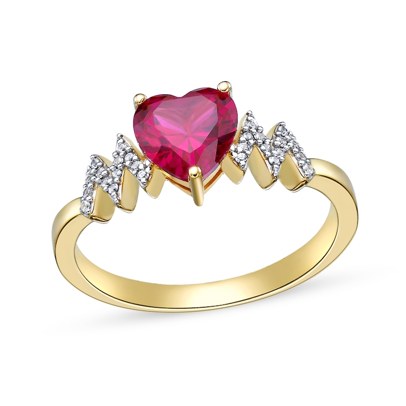 Main Image 1 of 7.0mm Heart-Shaped Lab-Created Ruby and White Lab-Created Sapphire Zig-Zag Ring in Sterling Silver with 18K Gold Plate