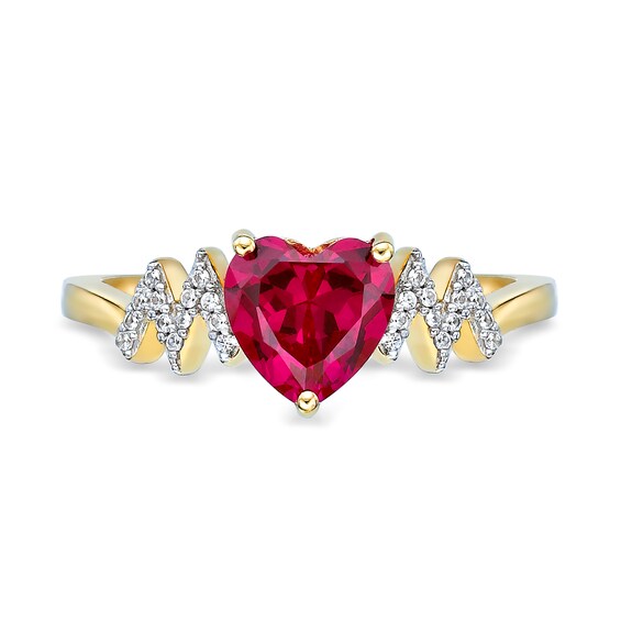 7.0mm Heart-Shaped Lab-Created Ruby and White Lab-Created Sapphire Zig-Zag Ring in Sterling Silver with 18K Gold Plate