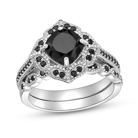 7.0mm Tilted Cushion-Cut Onyx and Black Spinel Art Deco Vintage-Style Bridal Set in Sterling Silver
