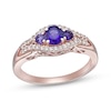 Thumbnail Image 1 of Oval and Round Amethyst with White Lab-Created Sapphire Frame Three Stone Ring in Sterling Silver with Rose Gold Plate