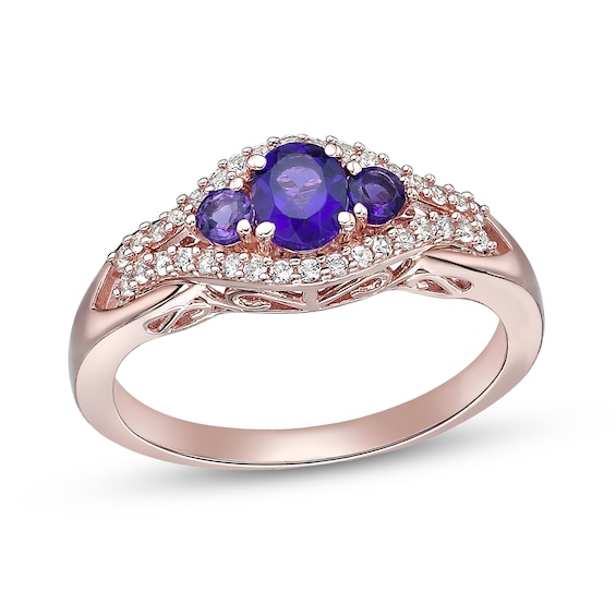 Oval and Round Amethyst with White Lab-Created Sapphire Frame Three Stone Ring Sterling Silver Rose Gold Plate