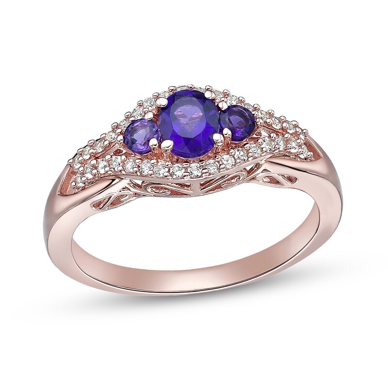 Main Image 1 of Oval and Round Amethyst with White Lab-Created Sapphire Frame Three Stone Ring in Sterling Silver with Rose Gold Plate