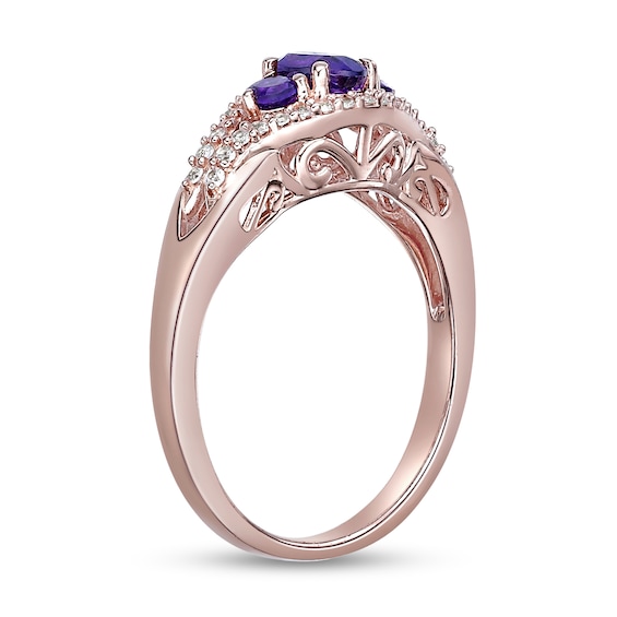 Oval and Round Amethyst with White Lab-Created Sapphire Frame Three Stone Ring Sterling Silver Rose Gold Plate