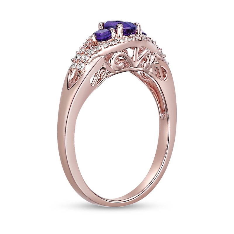 Main Image 3 of Oval and Round Amethyst with White Lab-Created Sapphire Frame Three Stone Ring in Sterling Silver with Rose Gold Plate