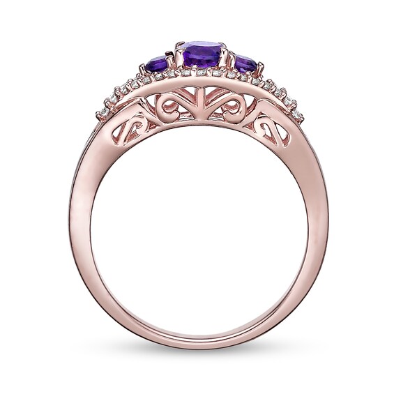 Oval and Round Amethyst with White Lab-Created Sapphire Frame Three Stone Ring Sterling Silver Rose Gold Plate
