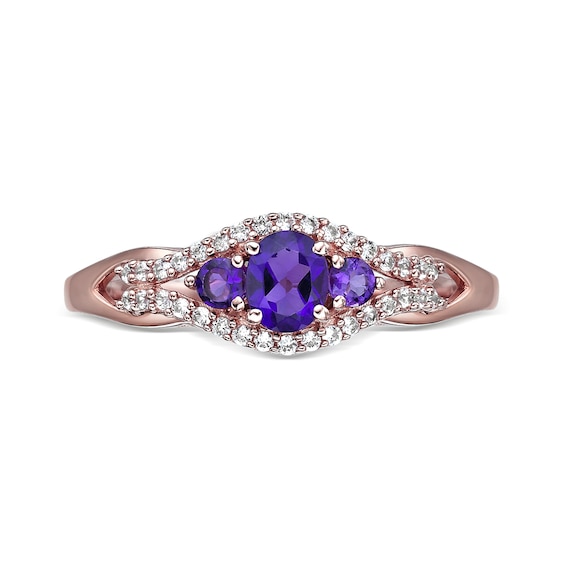 Oval and Round Amethyst with White Lab-Created Sapphire Frame Three Stone Ring Sterling Silver Rose Gold Plate