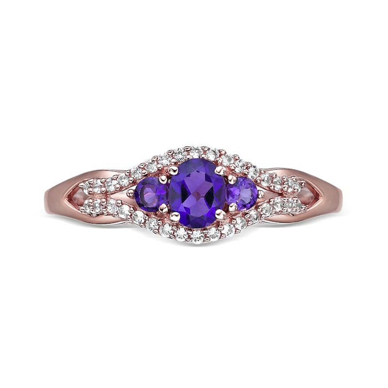 Main Image 5 of Oval and Round Amethyst with White Lab-Created Sapphire Frame Three Stone Ring in Sterling Silver with Rose Gold Plate