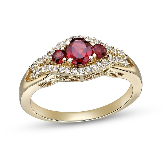 Oval and Round Garnet with White Lab-Created Sapphire Open Frame Three Stone Ring in Sterling Silver with 18K Gold Plate
