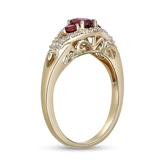 Oval and Round Garnet with White Lab-Created Sapphire Open Frame Three Stone Ring Sterling Silver 18K Gold Plate