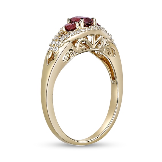 Oval and Round Garnet with White Lab-Created Sapphire Open Frame Three Stone Ring Sterling Silver 18K Gold Plate