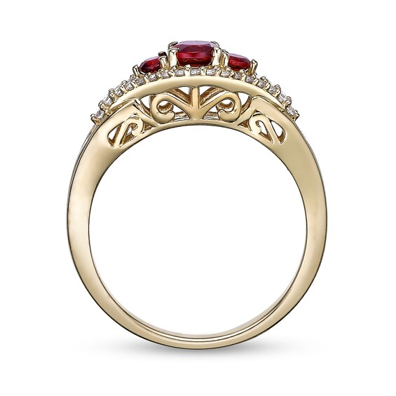 Oval and Round Garnet with White Lab-Created Sapphire Open Frame Three Stone Ring Sterling Silver 18K Gold Plate