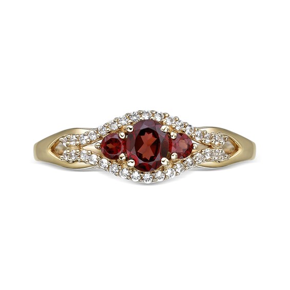 Oval and Round Garnet with White Lab-Created Sapphire Open Frame Three Stone Ring Sterling Silver 18K Gold Plate