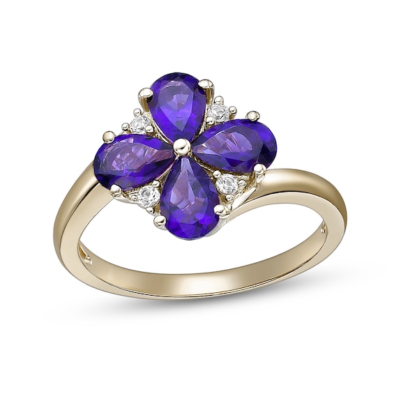 Pear-Shaped Amethyst and White Lab-Created Sapphire Flower Ring in Sterling Silver with 18K Gold Plate
