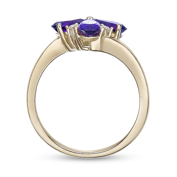 Pear-Shaped Amethyst and White Lab-Created Sapphire Flower Ring in Sterling Silver with 18K Gold Plate