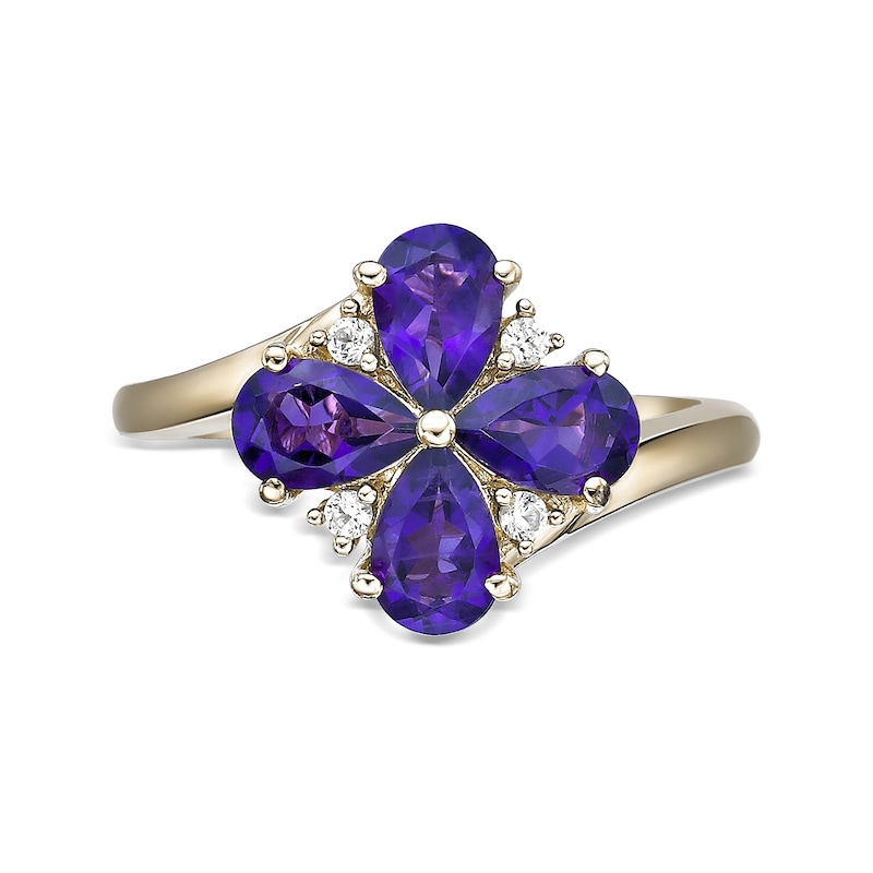 Main Image 5 of Pear-Shaped Amethyst and White Lab-Created Sapphire Flower Ring in Sterling Silver with 18K Gold Plate