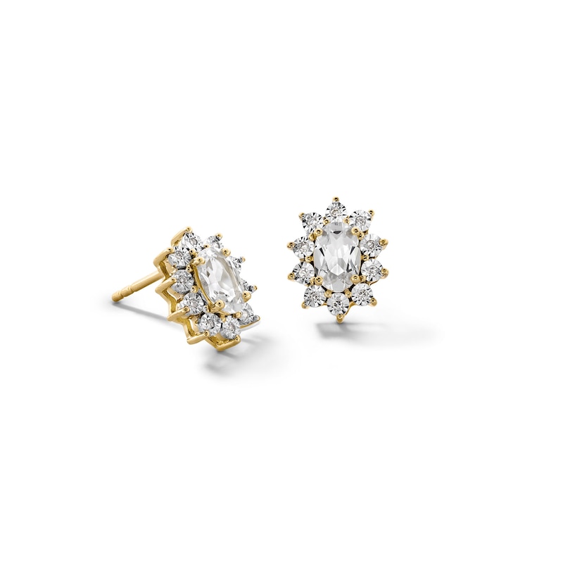 Main Image 1 of Oval White Lab-Created Sapphire and 1/20 CT. T.W. Diamond Sunburst Frame Stud Earrings in 10K Gold