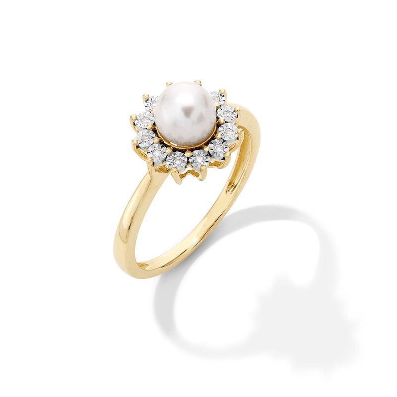 Main Image 3 of 6.0mm Freshwater Cultured Pearl and Diamond Accent Sunburst Frame Ring in 10K Gold