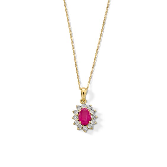 Oval Certified Ruby and Diamond Accent Sunburst Frame Pendant in 10K Gold