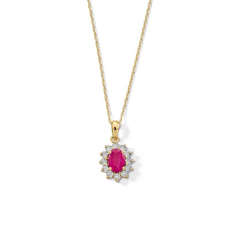 Main Image 1 of Oval Certified Ruby and Diamond Accent Sunburst Frame Pendant in 10K Gold