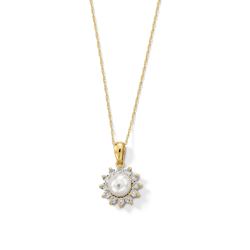 Main Image 1 of 6.0mm Freshwater Cultured Pearl and Diamond Accent Sunburst Frame Pendant in 10K Gold