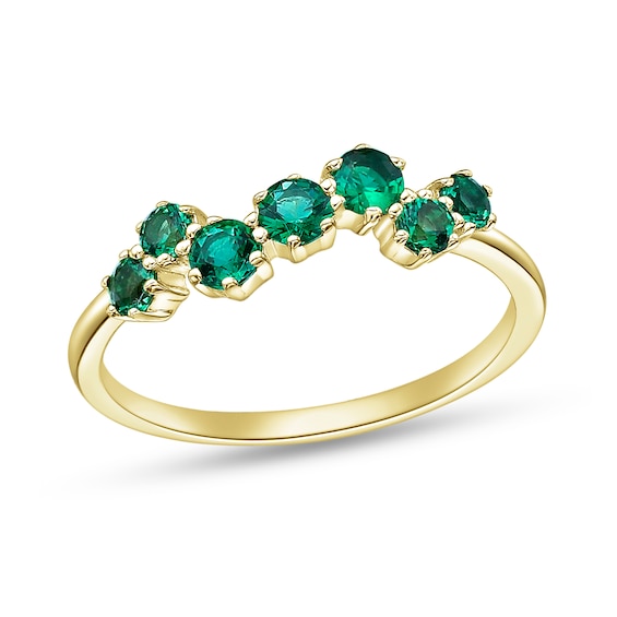 Lab-Created Emerald Seven Stone Zig-Zag Ring in Sterling Silver with 18K Gold Plate
