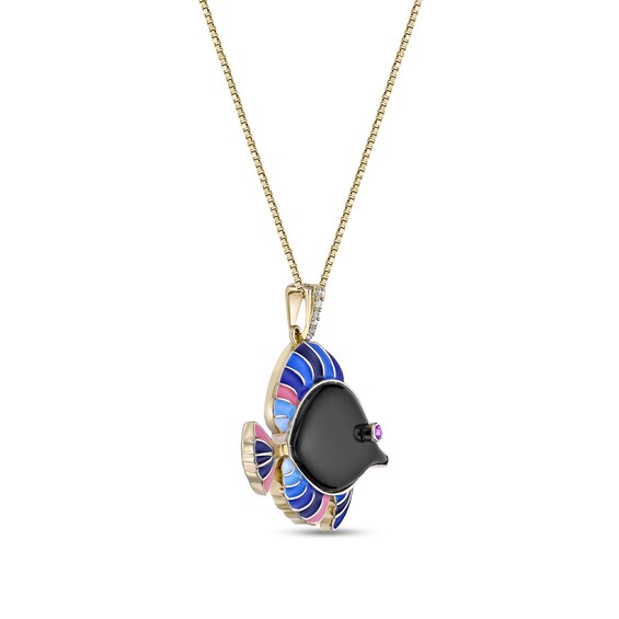 Onyx, Rhodolite Garnet and White Lab-Created Sapphire with Enamel Fish Pendant in Sterling Silver with 18K Gold Plate