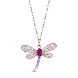 Oval Lab-Created Ruby with Pink and White Lab-Created Sapphire Dragonfly Pendant in Sterling Silver with Rose Gold Plate