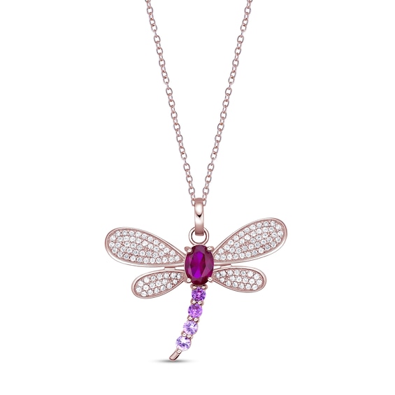 Oval Lab-Created Ruby with Pink and White Lab-Created Sapphire Dragonfly Pendant in Sterling Silver with Rose Gold Plate