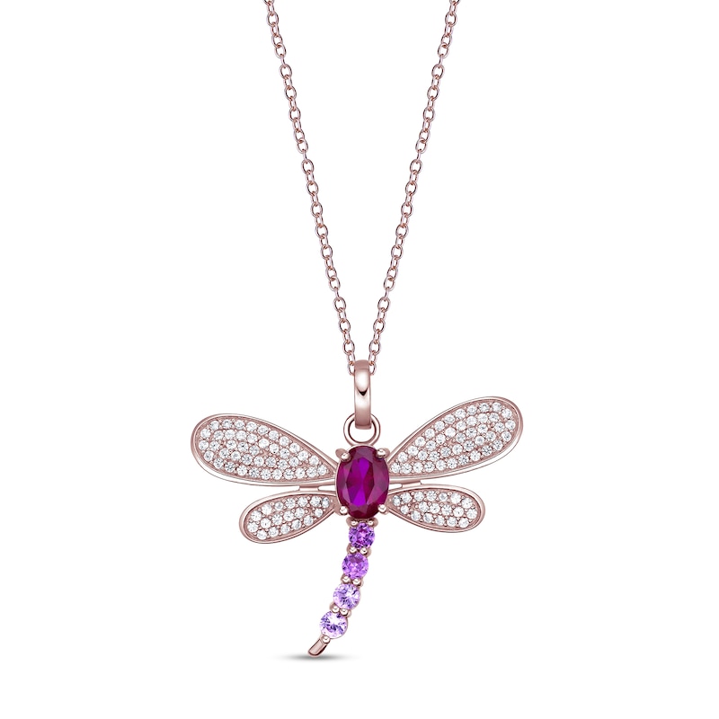 Main Image 1 of Oval Lab-Created Ruby with Pink and White Lab-Created Sapphire Dragonfly Pendant in Sterling Silver with Rose Gold Plate
