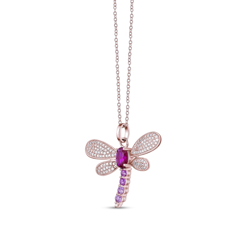 Main Image 2 of Oval Lab-Created Ruby with Pink and White Lab-Created Sapphire Dragonfly Pendant in Sterling Silver with Rose Gold Plate