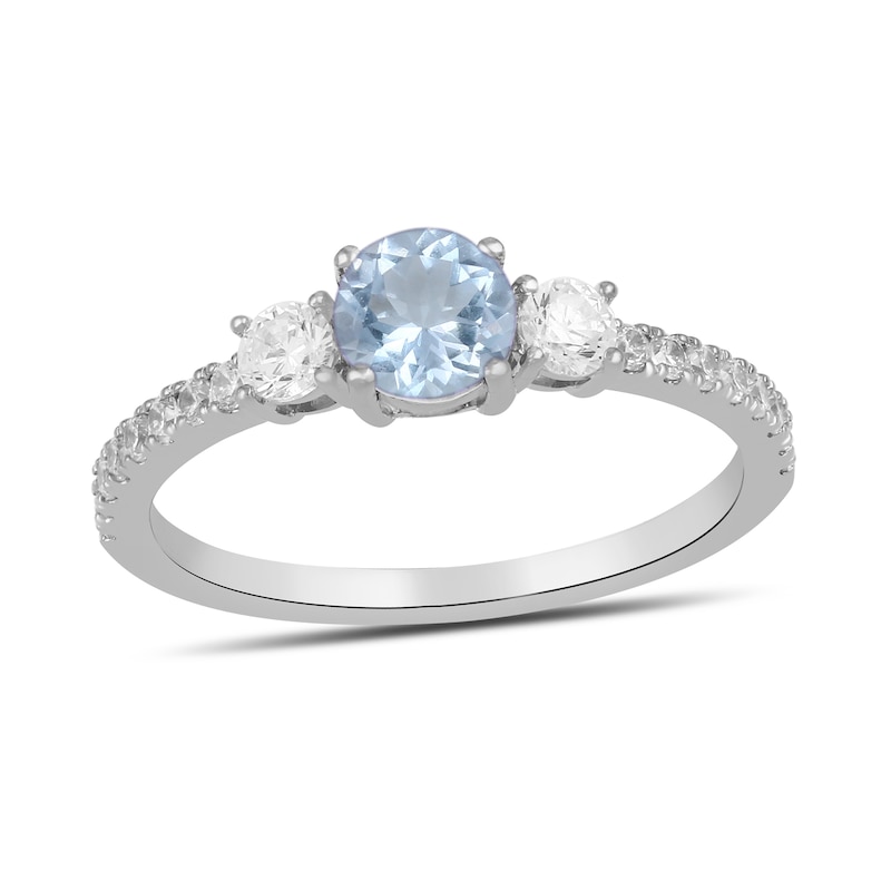 Main Image 1 of 5.0mm Aquamarine and 3/8 CT. T.W. Lab-Grown Diamond Three Stone Ring in 14K White Gold