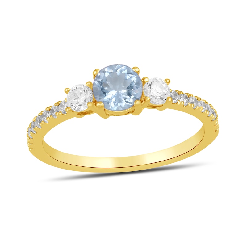 Main Image 1 of 5.0mm Aquamarine and 3/8 CT. T.W. Lab-Grown Diamond Three Stone Ring in 14K Gold