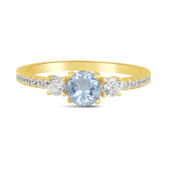 5.0mm Aquamarine and 3/8 CT. T.w. Lab-Grown Diamond Three Stone Ring in 14K Gold