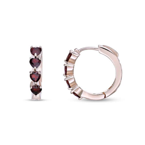 4.0mm Heart-Shaped Garnet Hoop Earrings in Sterling Silver with 18K Rose Gold Plate