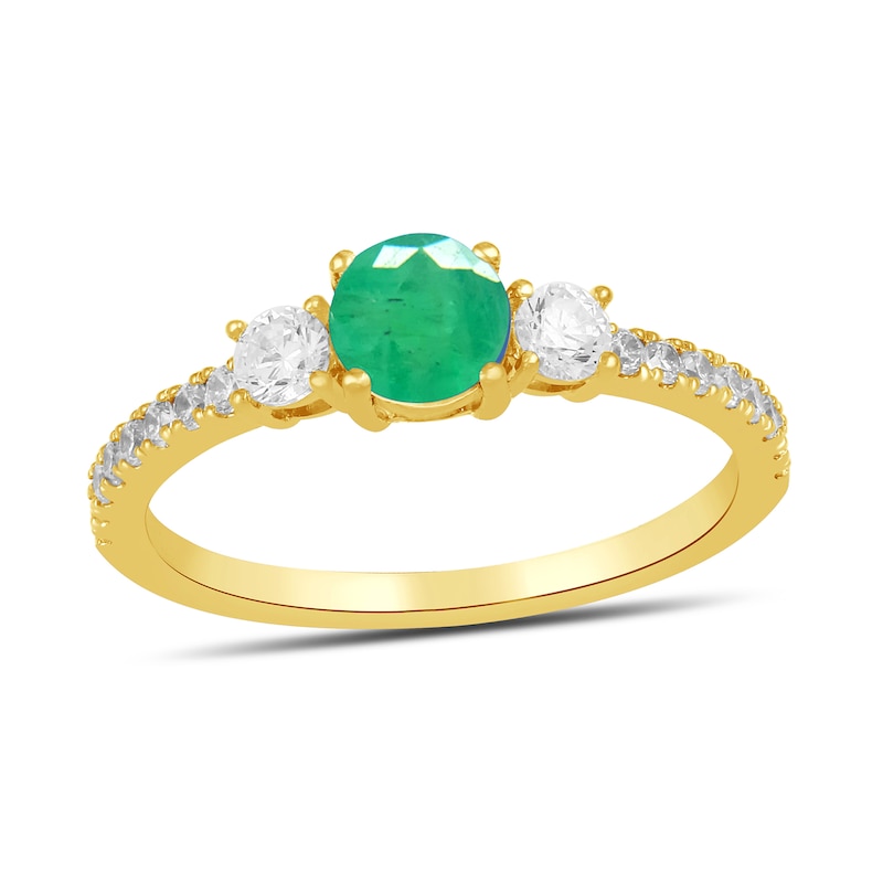 Main Image 1 of 5.0mm Emerald and 3/8 CT. T.W. Lab-Grown Diamond Three Stone Ring in 14K Gold