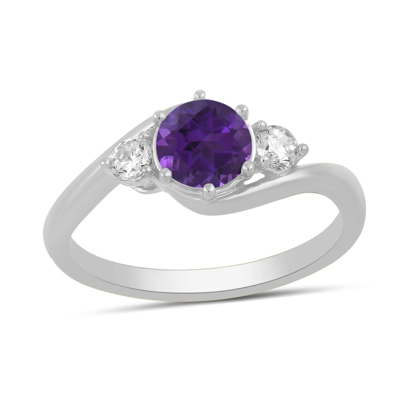 Main Image 1 of 6.0mm Amethyst and 1/5 CT. T.W. Lab-Created Diamond Three Stone Bypass Ring in 14K White Gold