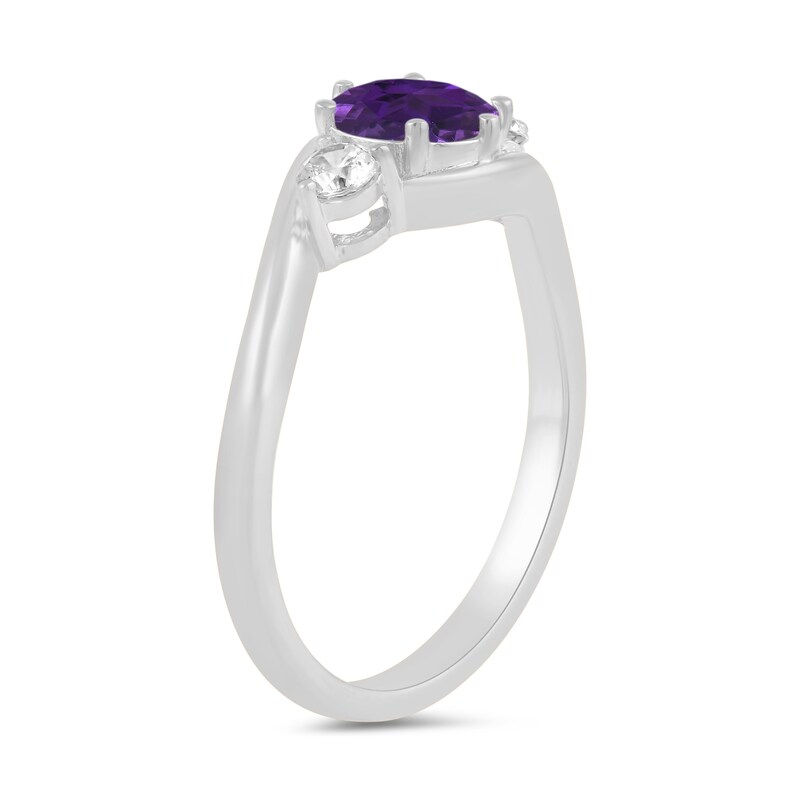 Main Image 2 of 6.0mm Amethyst and 1/5 CT. T.W. Lab-Created Diamond Three Stone Bypass Ring in 14K White Gold