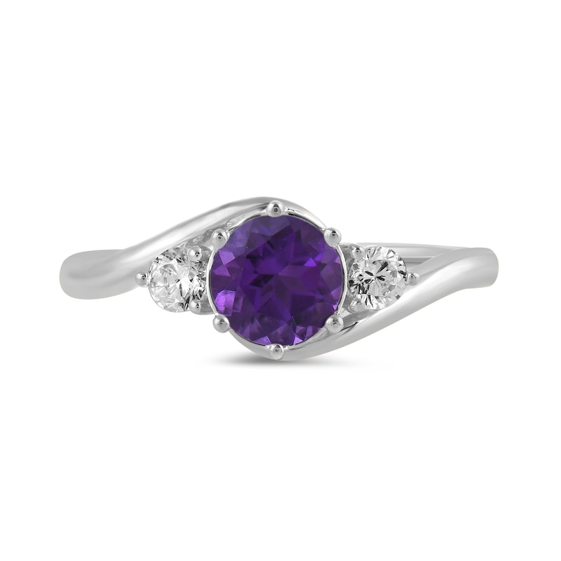 Main Image 3 of 6.0mm Amethyst and 1/5 CT. T.W. Lab-Created Diamond Three Stone Bypass Ring in 14K White Gold