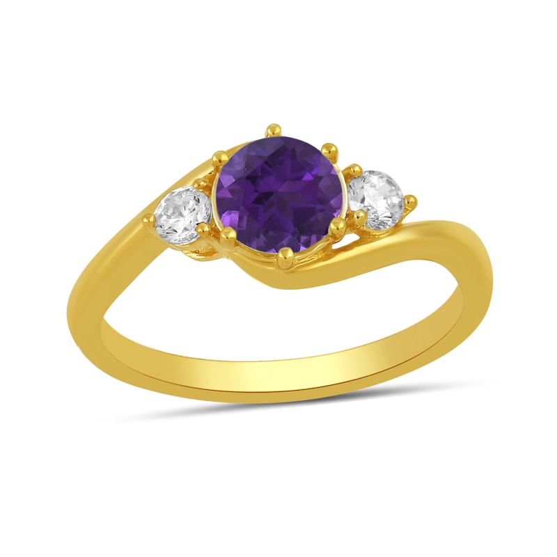 Main Image 1 of 6.0mm Amethyst and 1/5 CT. T.W. Lab-Created Diamond Three Stone Bypass Ring in 14K Gold