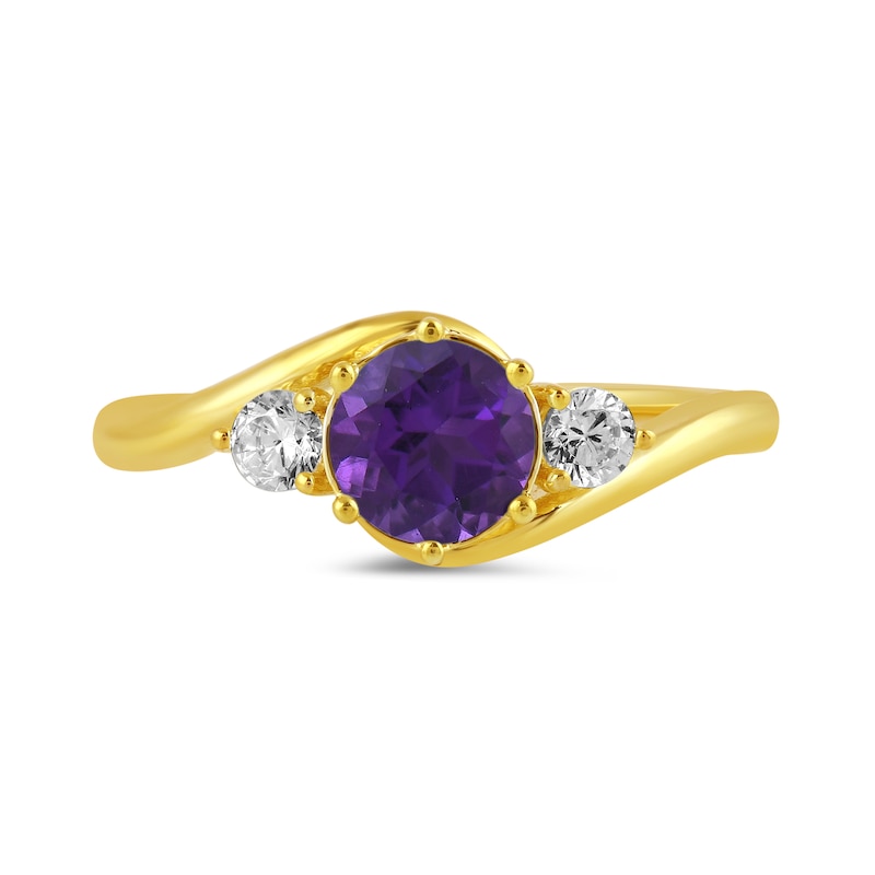 Main Image 3 of 6.0mm Amethyst and 1/5 CT. T.W. Lab-Created Diamond Three Stone Bypass Ring in 14K Gold