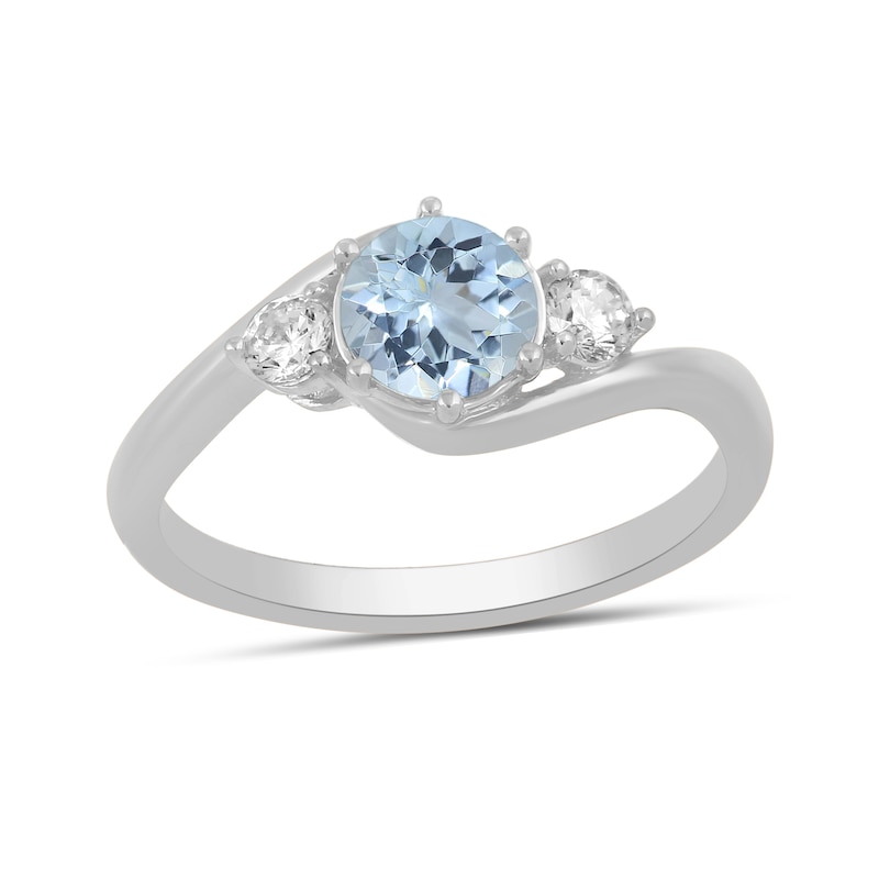 Main Image 1 of 6.0mm Aquamarine and 1/5 CT. T.W. Lab-Grown Diamond Three Stone Bypass Ring in 14K White Gold