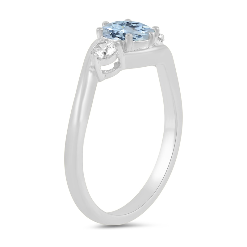 Main Image 2 of 6.0mm Aquamarine and 1/5 CT. T.W. Lab-Grown Diamond Three Stone Bypass Ring in 14K White Gold