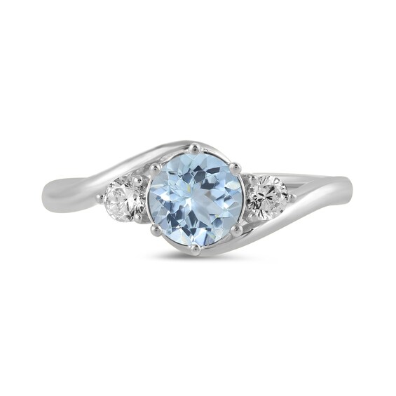 6.0mm Aquamarine and 1/5 CT. T.w. Lab-Grown Diamond Three Stone Bypass Ring in 14K White Gold