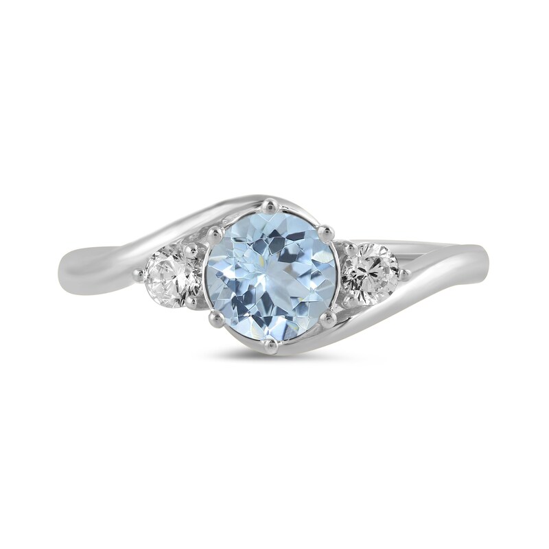Main Image 3 of 6.0mm Aquamarine and 1/5 CT. T.W. Lab-Grown Diamond Three Stone Bypass Ring in 14K White Gold