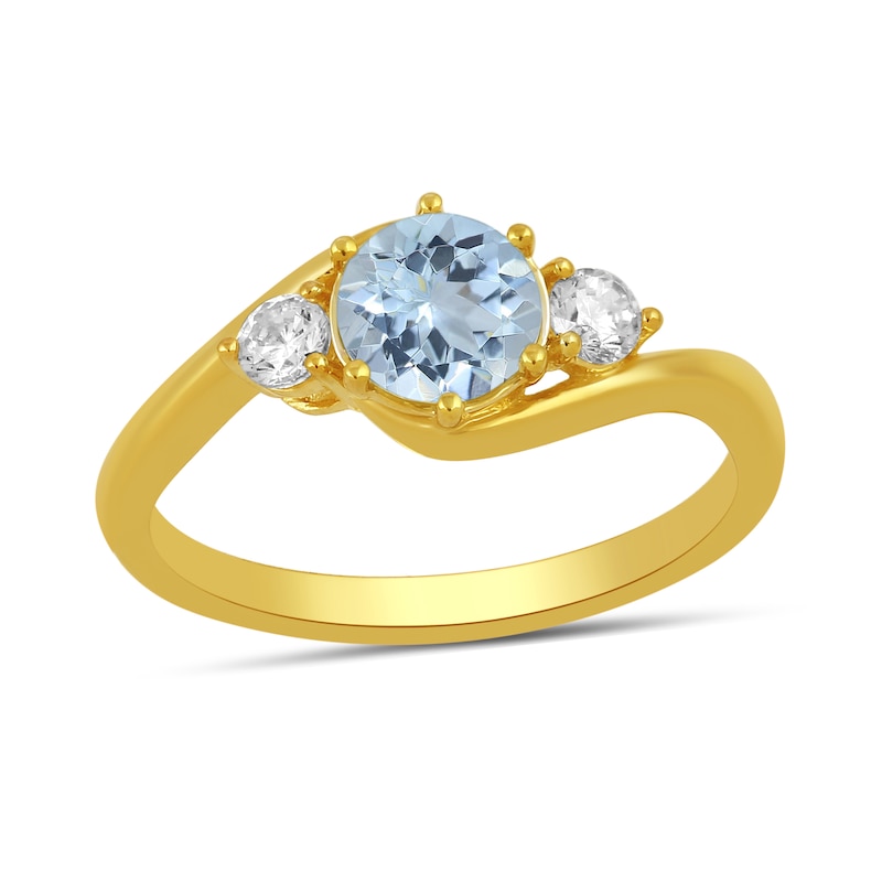 Main Image 1 of 6.0mm Aquamarine and 1/5 CT. T.W. Lab-Grown Diamond Three Stone Bypass Ring in 14K Gold
