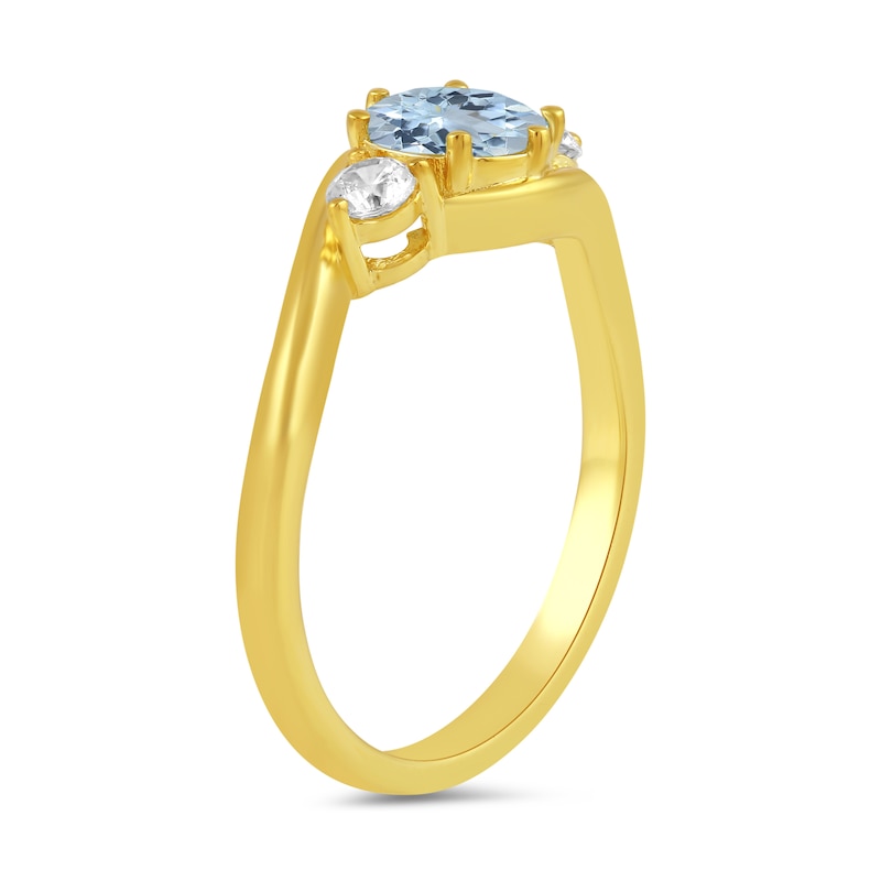 Main Image 2 of 6.0mm Aquamarine and 1/5 CT. T.W. Lab-Grown Diamond Three Stone Bypass Ring in 14K Gold