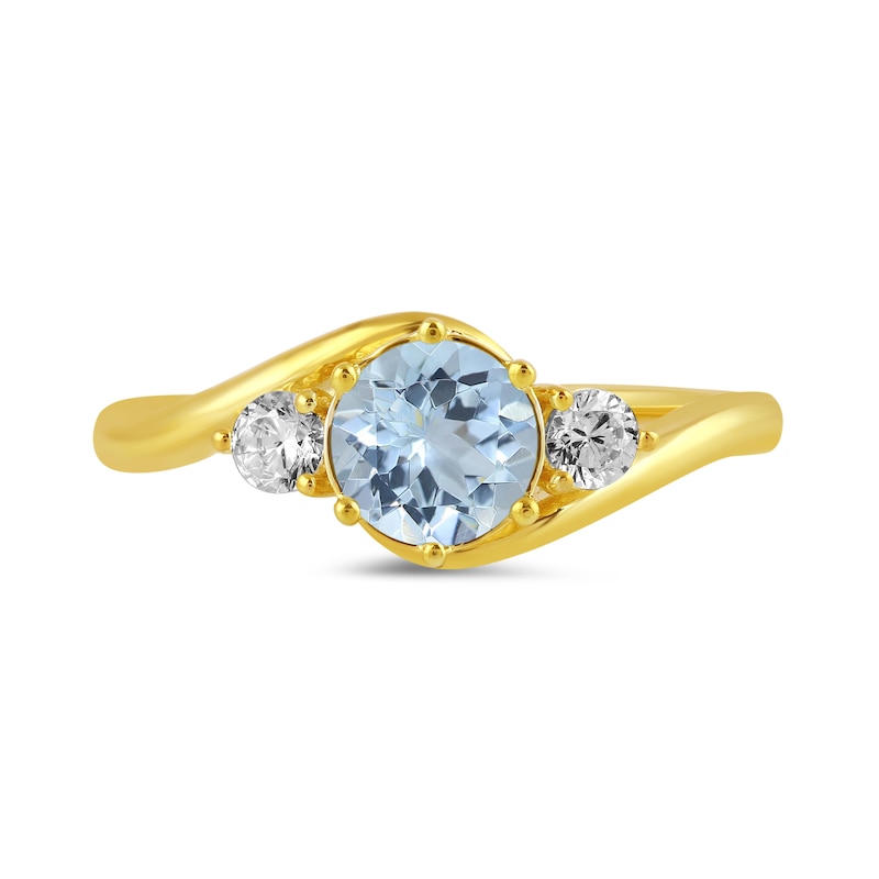 Main Image 3 of 6.0mm Aquamarine and 1/5 CT. T.W. Lab-Grown Diamond Three Stone Bypass Ring in 14K Gold